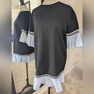 Black Dress with White and Blue Ruffle Sleeves